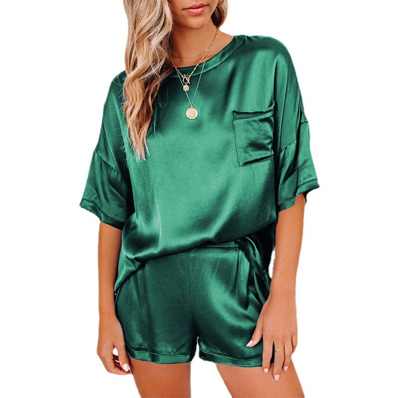 Spring and Summer 2024 European and American suit Solid Color Chiffon Sleeping Clothes Short Sleeve Short T-shirt Pants Loose Casual Two-piece Set