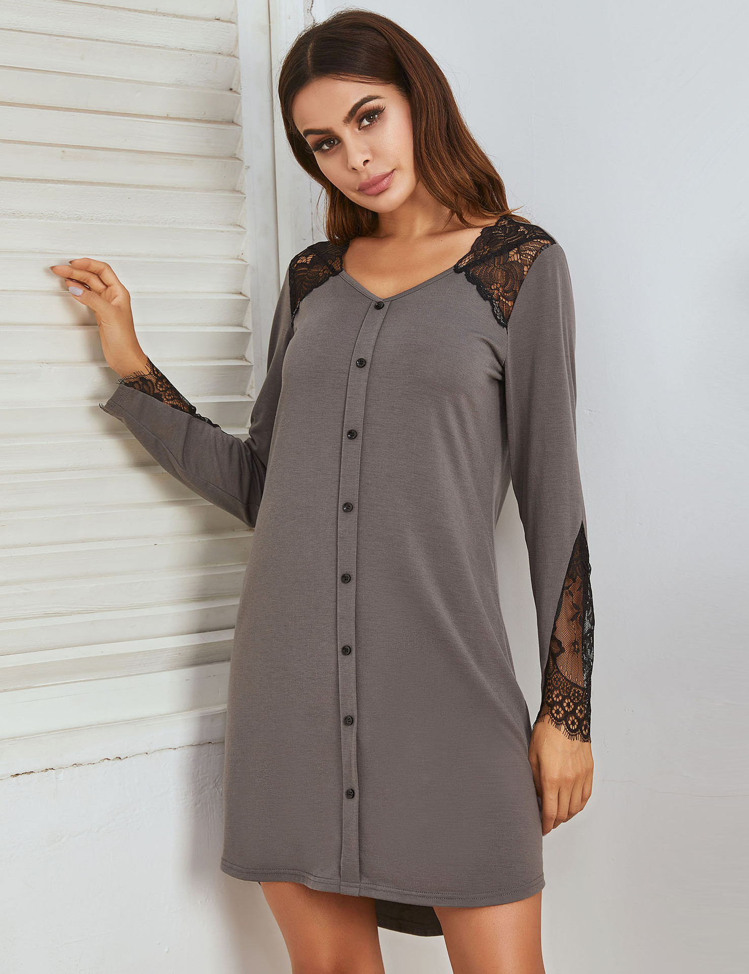 Amazon Cross-border Fall/Winter European and American Women's Long-sleeved Nightgown Lace Stitching Fake Placket Pullover Dress Pajamas