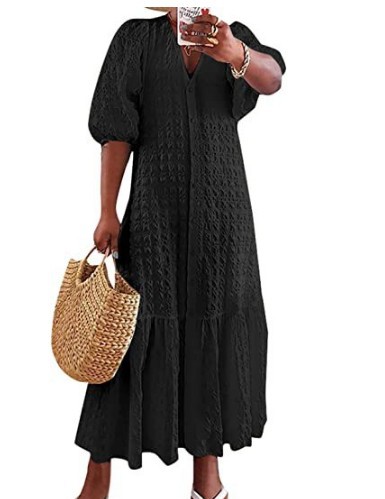 Amazon 2023 Summer Hot Sale New Arrival Tatting Solid Color V-Neck Button Pleated Loose Casual Dress