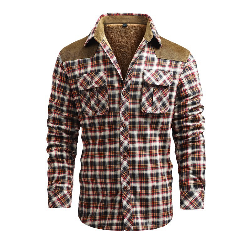 Cross-border factory foreign trade Amazon fleece-lined thickened shirt cotton plaid casual tooling European size foreign trade coat