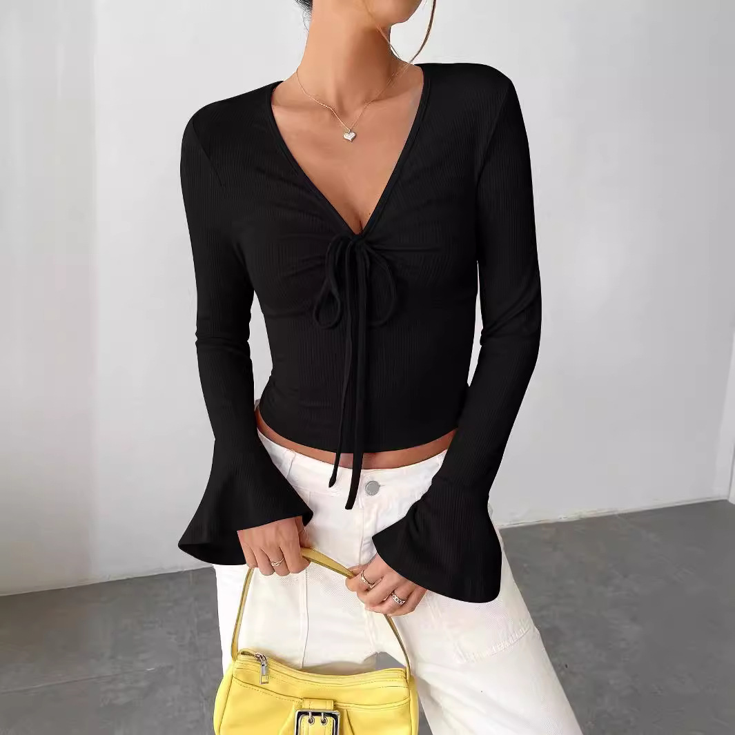 2024 Women's Autumn and Winter in stock Crossing into Amazon AliExpress Independent Station Urban Women's Horn Sleeve V-Neck Self-Buckle