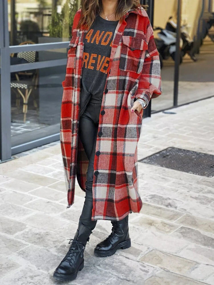 [Spot] Cross-border European and American Long Windbreaker Lapel Side Split Women's Woolen Plaid Coat Women's Coat