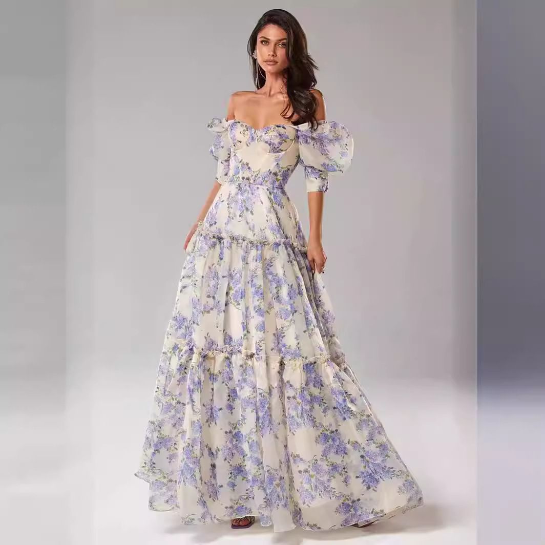 Europe and the United States cross-border new off-shoulder European and American women's fashion organza fairy long temperament evening dress dress