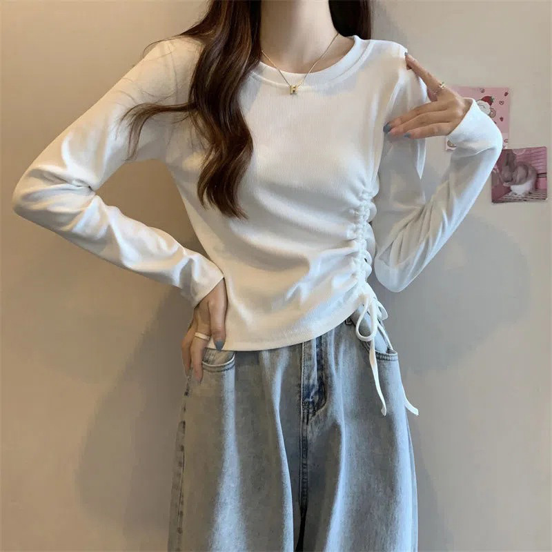 Spring and summer long-sleeved T-shirts for women, slimming bottoming shirts, drawstring inner bottoming shirts, slimming, irregular short tops