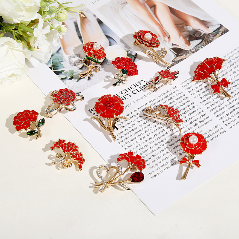 New vintage rose flower brooch red high-grade anti-light flower pin European and American diamond-studded delicate ladies brooch