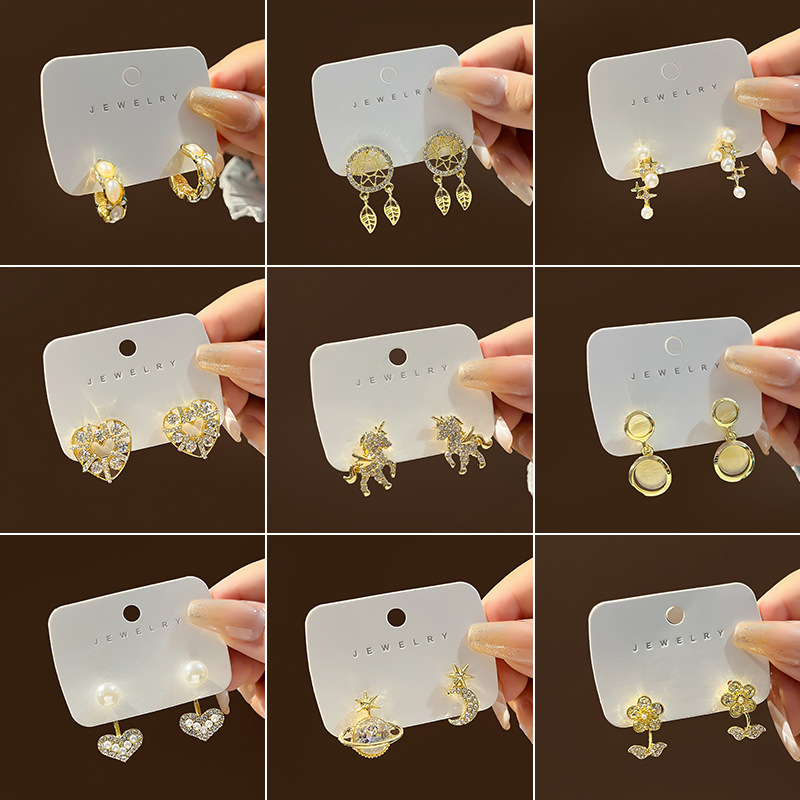Silver Needle Light Luxury French Pearl Earrings Korean Vintage Design Sense Cat's Eye Star Moon Earrings Super Flash Zircon Earrings