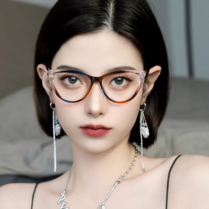 New Cat's Eye Glasses Frame Women's Trendy Fashion Cross-border PC Glasses Frame European and American Cyber Celebrity Plain Anti-blue Glasses