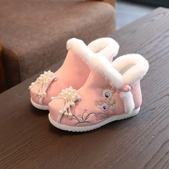 Girls' Winter Fleece-lined Embroidered Shoes Antique Children's Warm Hanfu Shoes Chinese Style Girl's Snow Boots Big Cotton Boots
