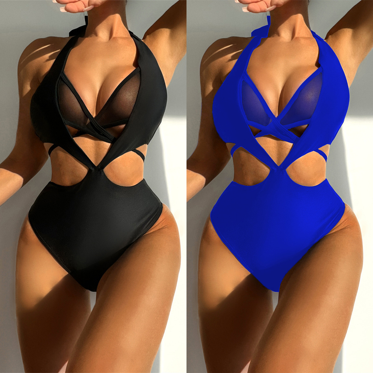 Bikini double new one-piece swimsuit backless bikini European and American swimwear women hollow out swimwear solid color bikini6503