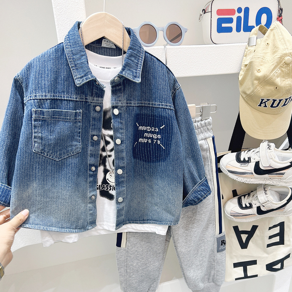 Boys' Denim Jacket Spring and Autumn 2024 Autumn Large Children's Work Shirt Denim Jacket Retro Shirt Loose Trendy