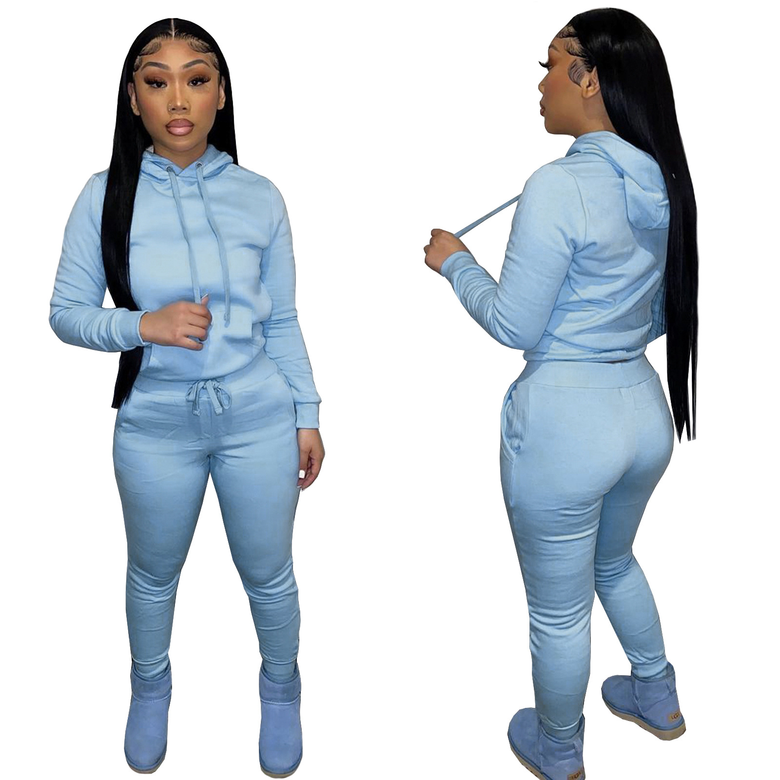 HR8197 European and American women's clothing  independent station supply autumn and winter plus velvet drawstring hooded two-piece set_voghion.com