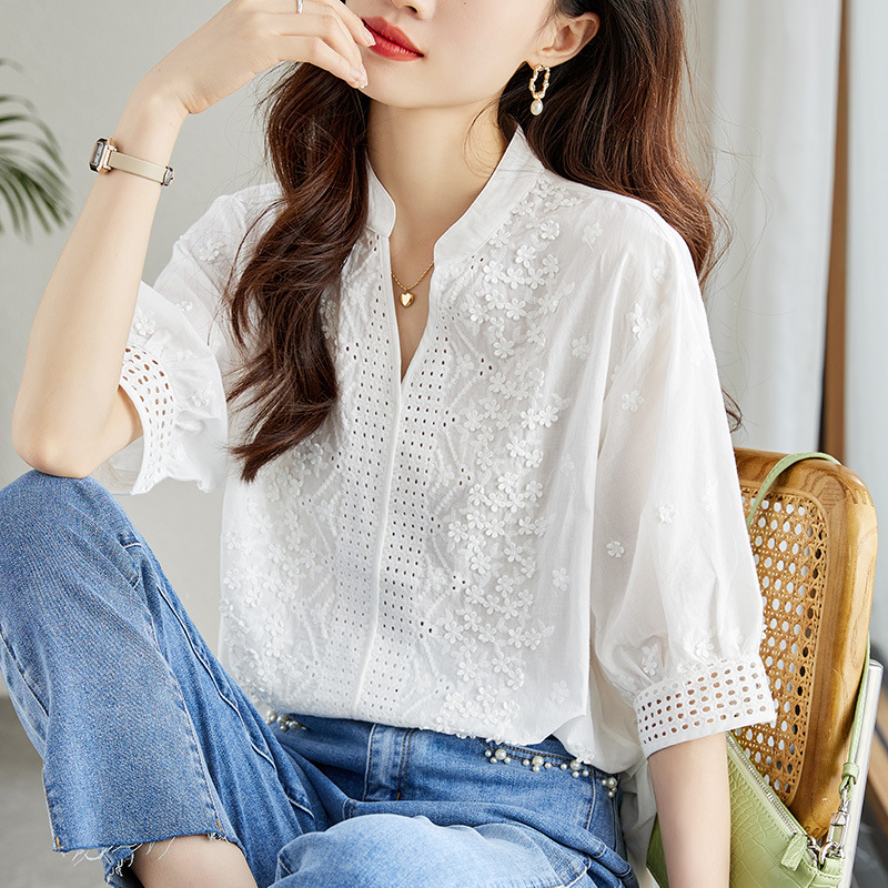 French Embroidered Shirt Women's Half Sleeve 2024 Summer New Arrival Pretty Age-Reducing Shirt Top Niche Chic Shirt