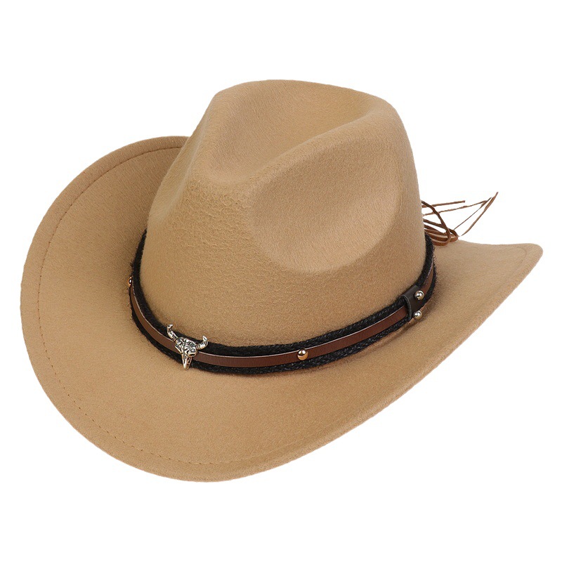 Amazon Hot Top Hat Ethnic Style Cow Label Western Denim Top Hat Roll Brim Retro Riding Hat Woolen Felt Hat