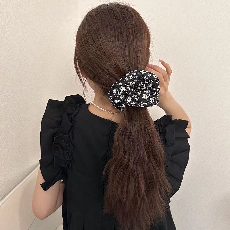 Korean Style Summer New Floral Bowel Ring French Grey Pink Printed Hair Ring High-grade Satin Net Red Hair Rope for Women