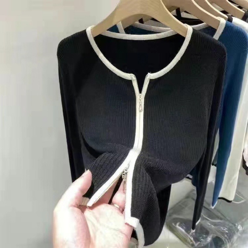 College Wind Knitted Cardigan Long Sleeve T-Shirt Early Autumn Women's 2023 New Threaded Zipper