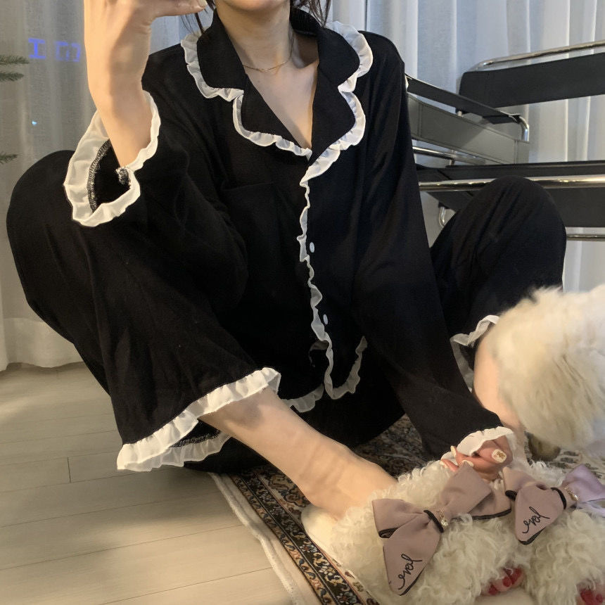Live Spring and Autumn New Pajamas Women's Long-sleeved Thin Loose Women's Lace Home Clothes Internet Celebrity Two-piece Outfit