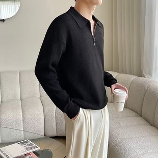 Korean style trendy zipper sweater men's lapel Korean style trendy casual long-sleeved solid color sweater top jacket