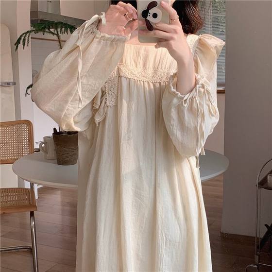 New ins Pajamas Pajamas Women's Spring and Autumn Winter 2023 Palace Japanese Style Sweet Long Solid Color Long Sleeve Home Clothes