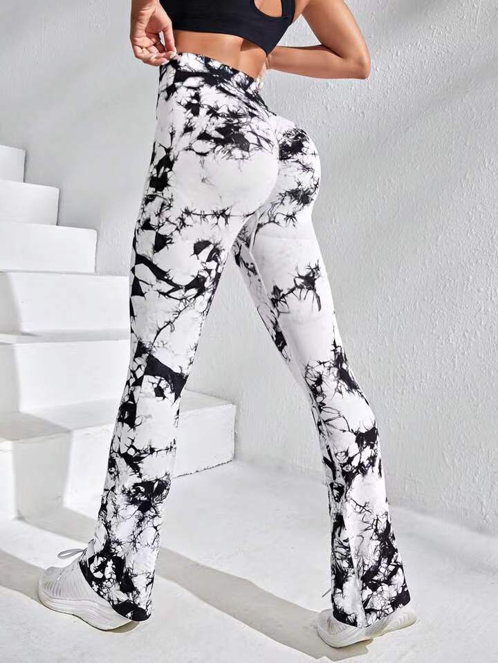 新款無縫扎染喇叭瑜伽褲蜜桃臀闊腿健身褲運動褲女yoga leggings