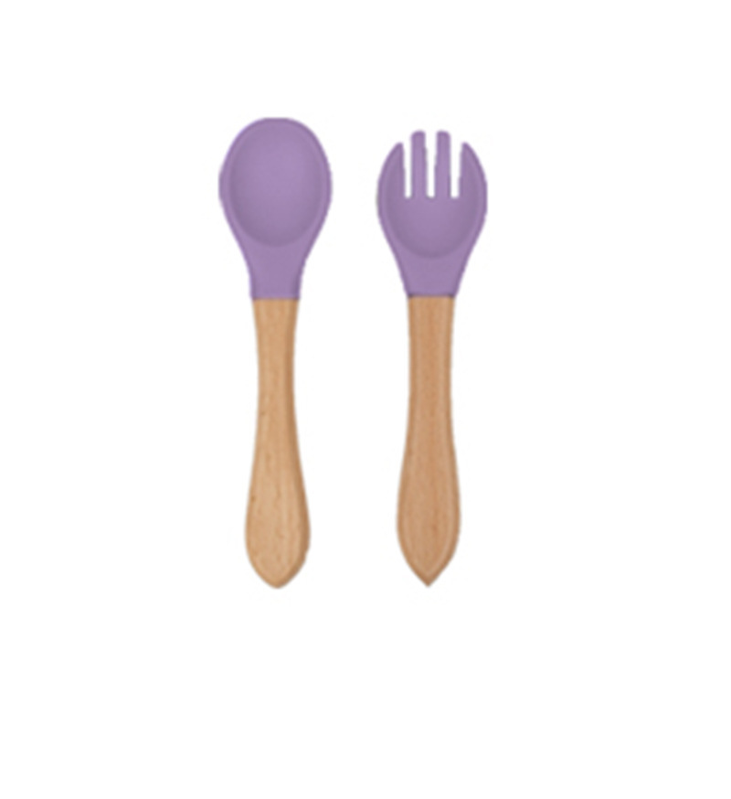 Purple-wooden handle silicone fork spoon