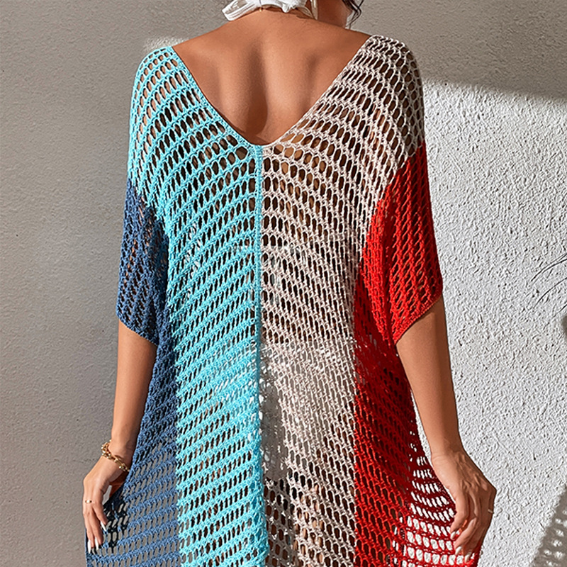 Cross-border New Color-blocking Sexy Loose Pullover V-neck Tassel Hollow Beach Sunscreen Bikini Beach Blouse