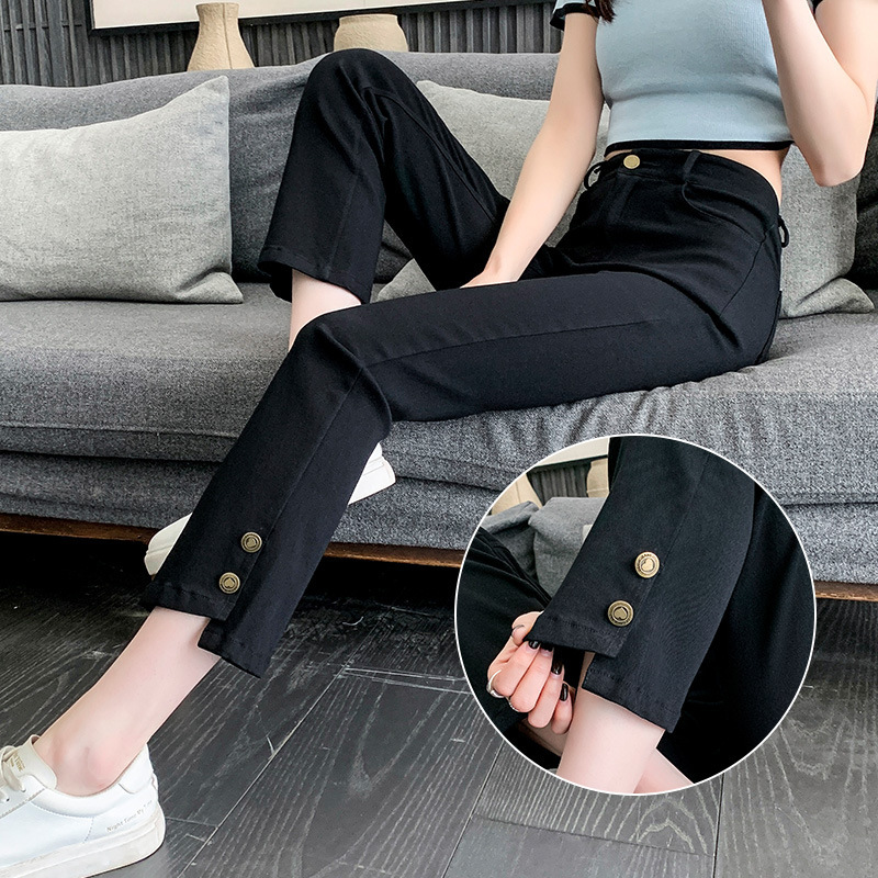 Black Straight Leg Jeans Women's Spring and Autumn 2023 New High Waist Elastic Small Nine-Split Smoke Pipe Pants