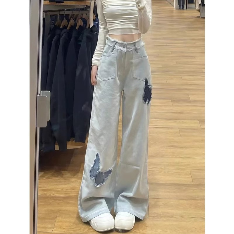 Light blue frayed butterfly straight jeans women's autumn New embroidered design high waist loose slimming wide leg pants