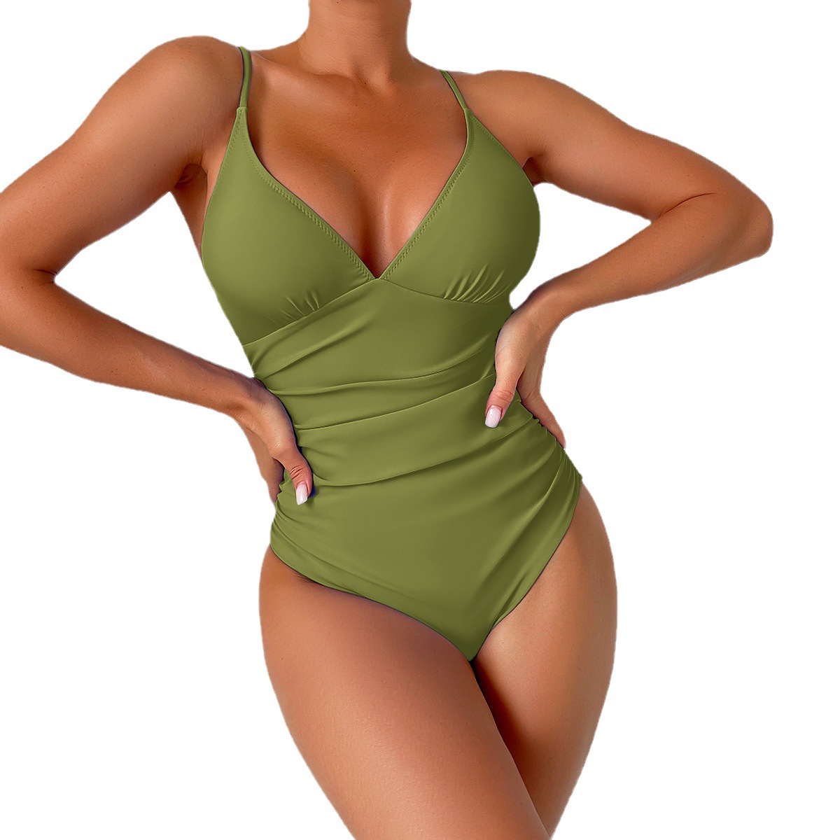 Conservative one-piece swimsuit women's deep V solid color sexy swimsuit with chest pad tight backless women's swimsuit beach swimsuit