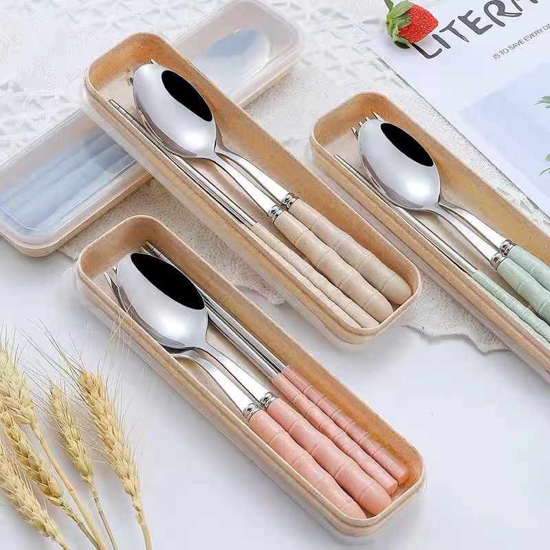 Stainless Steel Fork Spoon Chopsticks Tableware suit Wheat Portable Student Outdoor Cutlery suit Belt Storage