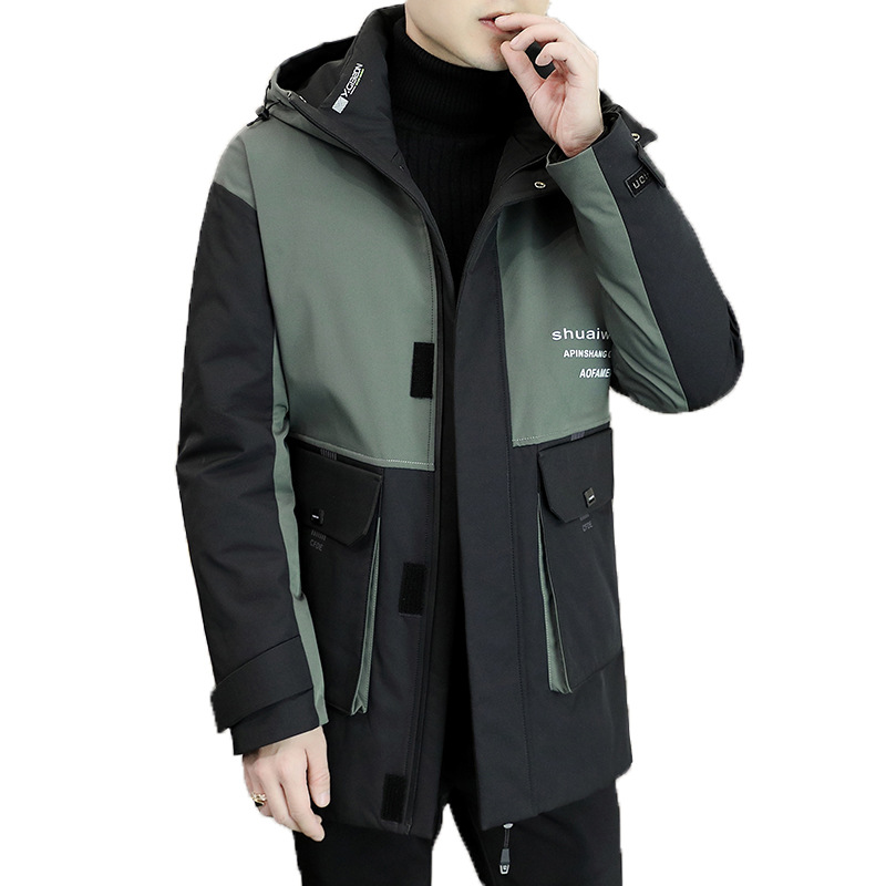 Coat men's youth hooded mid-length plus size men's handsome cotton-padded jacket winter cotton-padded jacket fashion fashion stitching thickened