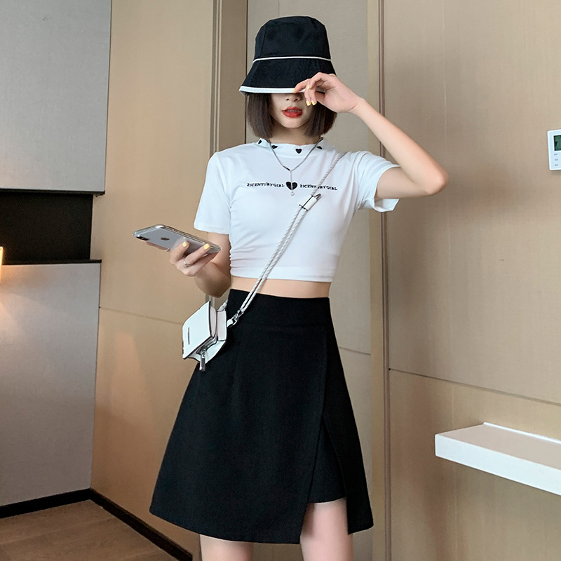 Skirt Chubby Pleated Summer Women's A- line Skirt Slimming Slight Chubby Split Skirt 2023 High Waist Large Size Black Hip