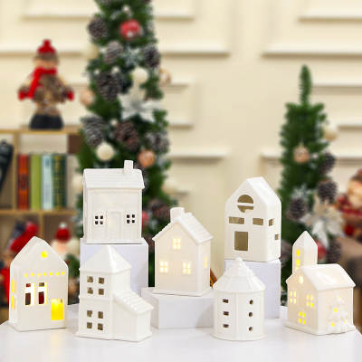 Nordic style ceramic small house decoration Christmas crafts hollow design LED light atmosphere decoration small gift