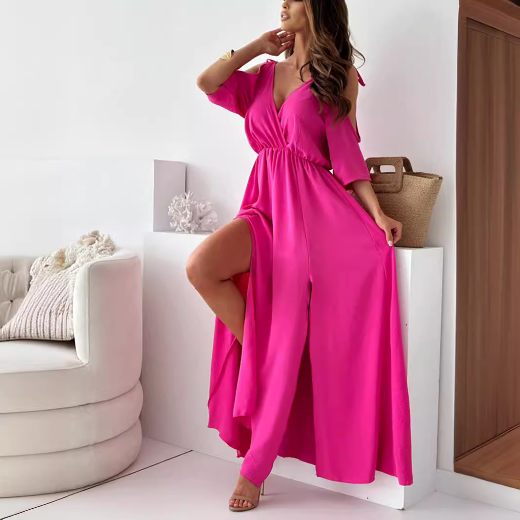 2024 Hot Sale V-neck Skirt Slit Dress Off-shoulder Sleeve Sexy Suspender Dress