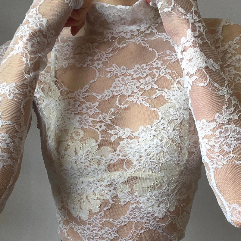 2023 Europe and the United States cross-border solid color temperament sunscreen slim bottoming lace perspective long sleeve semi-high collar T-shirt top women