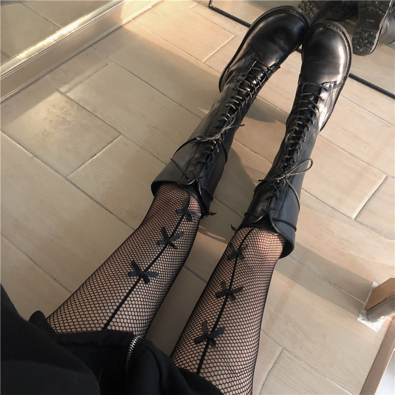 Calze a rete cave nere con fiocco in seta nera e bianche, desiderio puro giapponese, coppia, gamba, bellezza, collant sexy, pizzo sottile_voghion.com