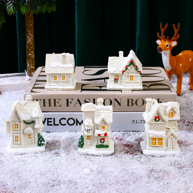 Amazon new Christmas decoration white luminous resin small house Micro landscape small ornaments Christmas gift