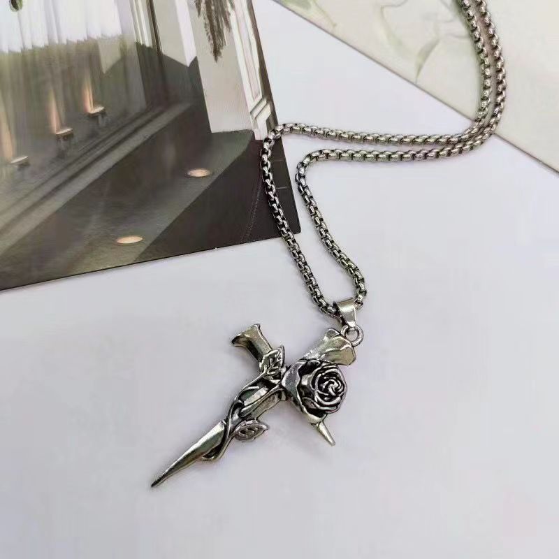 Milk Rose Cross Necklace Cold Style Long Internet Celebrity Design Light Luxury Niche Pendant Pendant Sweater Chain