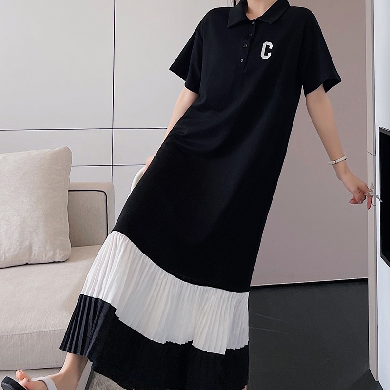 Actual shot of  new summer style long large size stitched pleated POLO embroidered short-sleeved women's age-reducing dress for fat girls