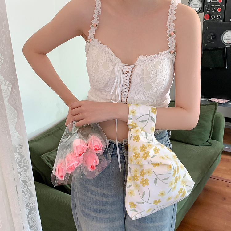 Summer Japanese style coin purse wrist bag vintage floral small fresh walking bag elegant flower ins same style