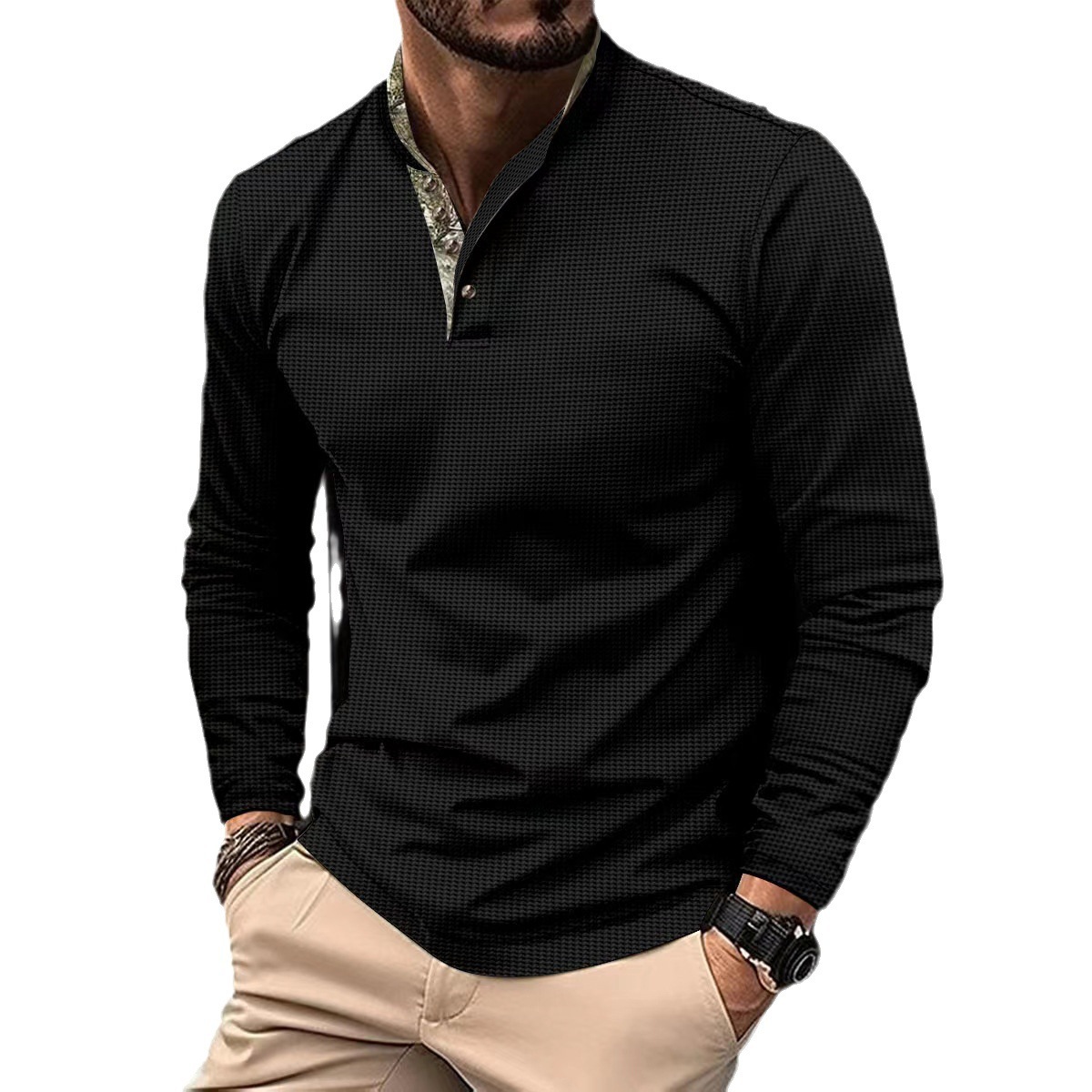 2024 cross-border AliExpress Amazon waffle Spring and Autumn new men's polo shirt double-layer stand collar stitching long sleeve