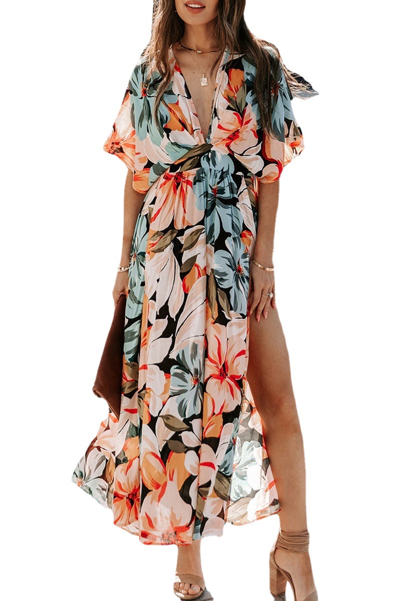 2025 Amazon Cross-border Summer European and American Women's New Sexy High Waist Fashion Printed Split dress Women