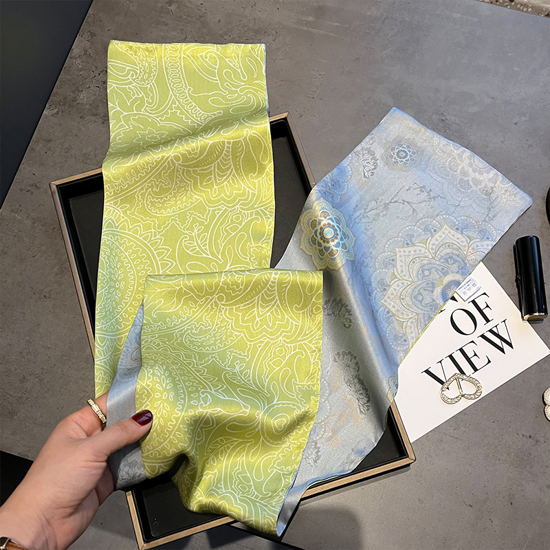 Double-layer Long Silk Scarf Ribbon 100 Mulberry Silk All-match Scarf Green Cashew Flower Women's Scarf for Mother