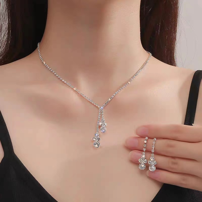 Korean-style bridal jewelry rhinestone necklace women's earrings two-piece set simple suit wedding yarn dress all-match accessories