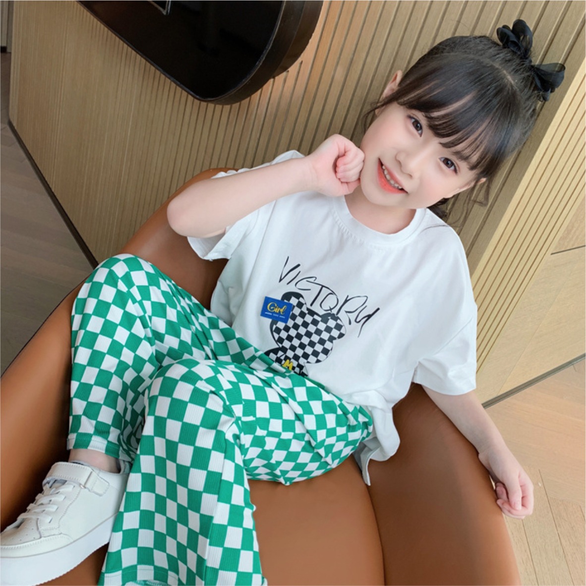 2024 New Girls' Pants Spring and Autumn Children's Chessboard Pearted Pants Wide Leg Pants Ice Silk Straight Pants Children's Wear Batch