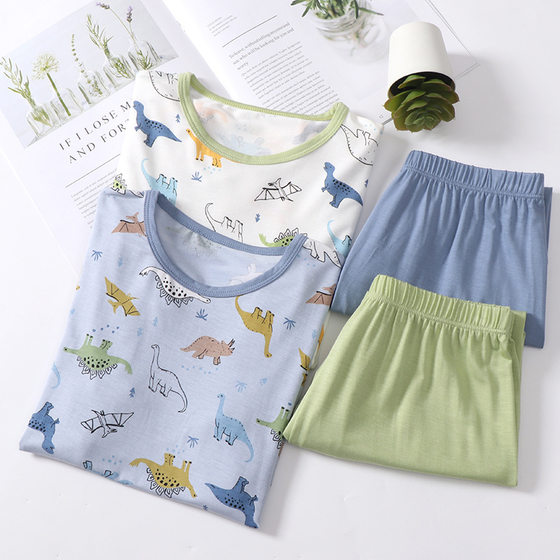 Children's Pajamas suit Yukosi New Summer Thin Boys' Middle and Big Children's Ice Silk Home Clothes suit Short-sleeved Shorts