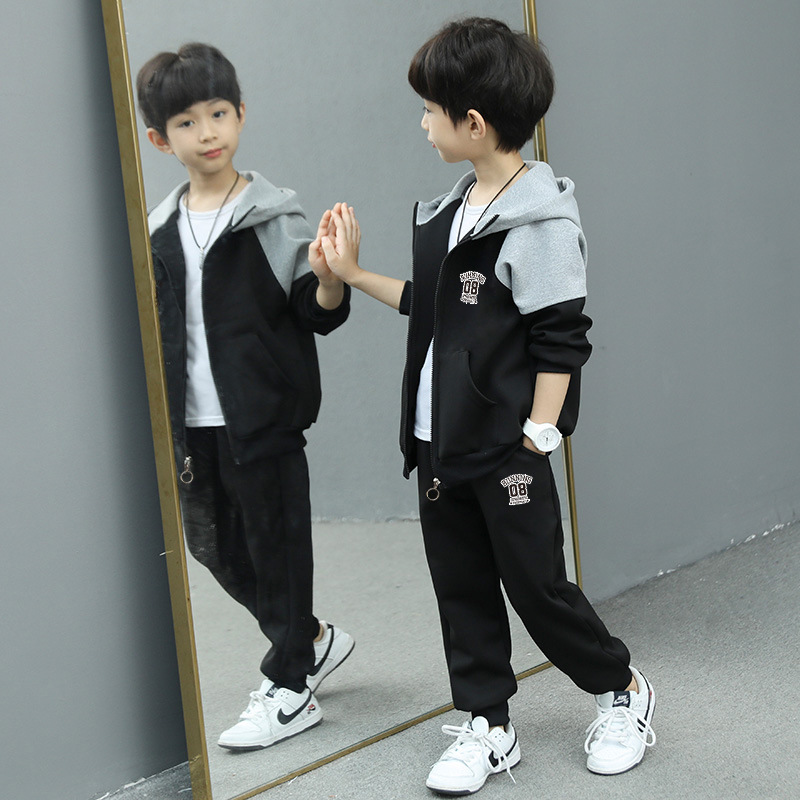 Children's Suit Boy's Spring and Autumn Coat New Style Middle and Large Children's Cardigan Sweater Hoodie Casual Sports Two-piece Set