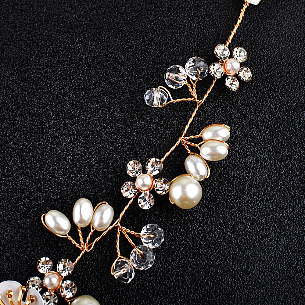 European and American Bride Jewelry Beautiful Flower Handmade Beaded Headband Crystal Pearl Hair Band Wedding Girl's Headwear Hair Accessories