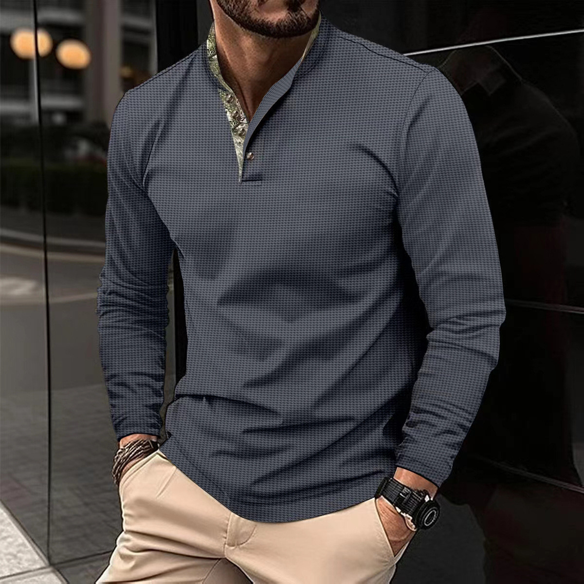 2024 cross-border AliExpress Amazon waffle Spring and Autumn new men's polo shirt double-layer stand collar stitching long sleeve
