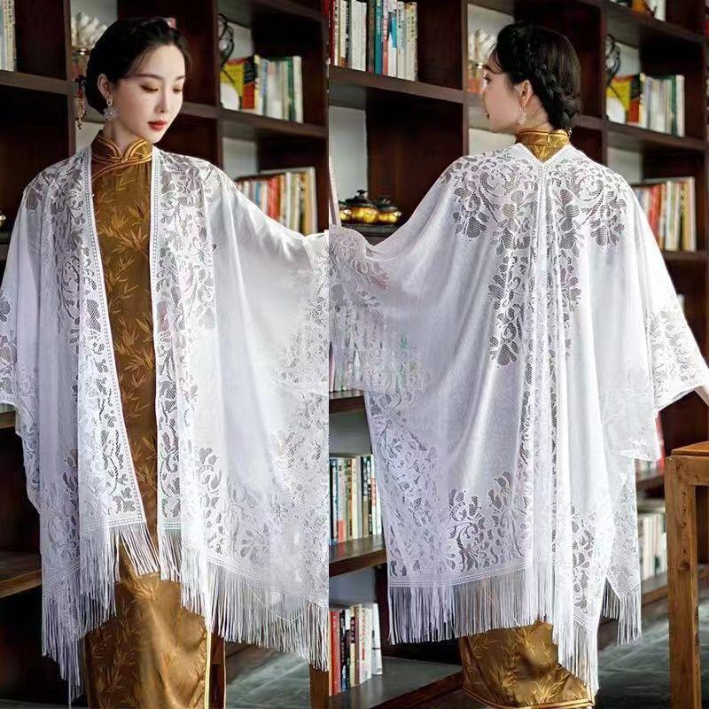 Summer Thin Sunscreen Lace Hollow Shawl Jacquard Silk Scarf Ethnic Style Tassel Women's Cheongsam Wearing Western Style