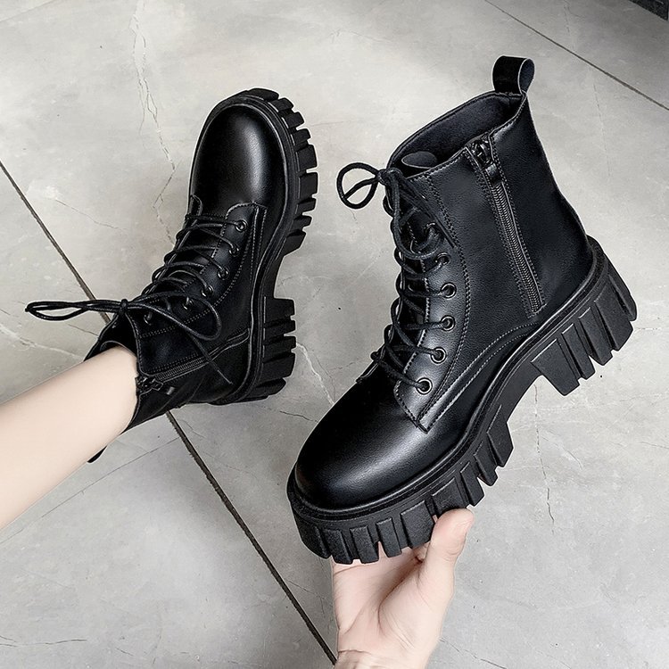 Thick-soled lace-up Martin boots for women in autumn and winter new Korean style leather boots for women comfortable soft-soled mid-calf boots for women